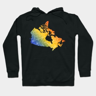 Colorful mandala art map of Canada with text in blue, yellow, and red Hoodie